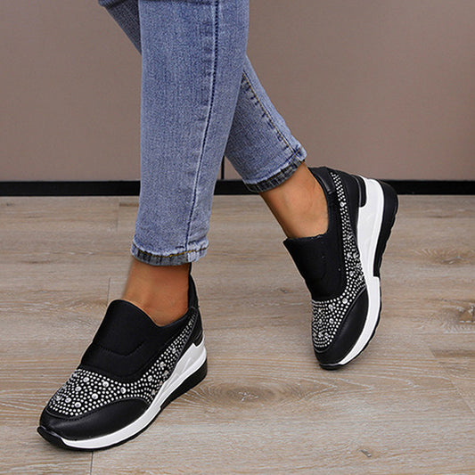 Zapatos planos con cuña y diamantes de imitación para mujer, zapatillas con aumento de altura interior