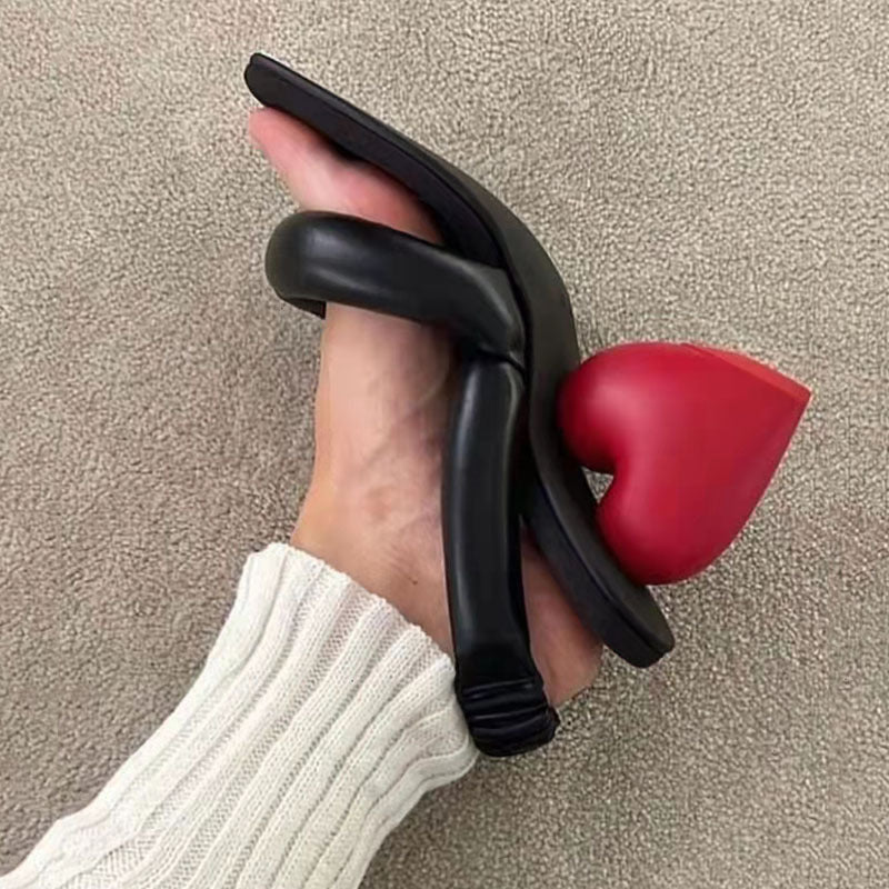 Retro Red And Black Color Matching Open-toed High-heeled Slippers