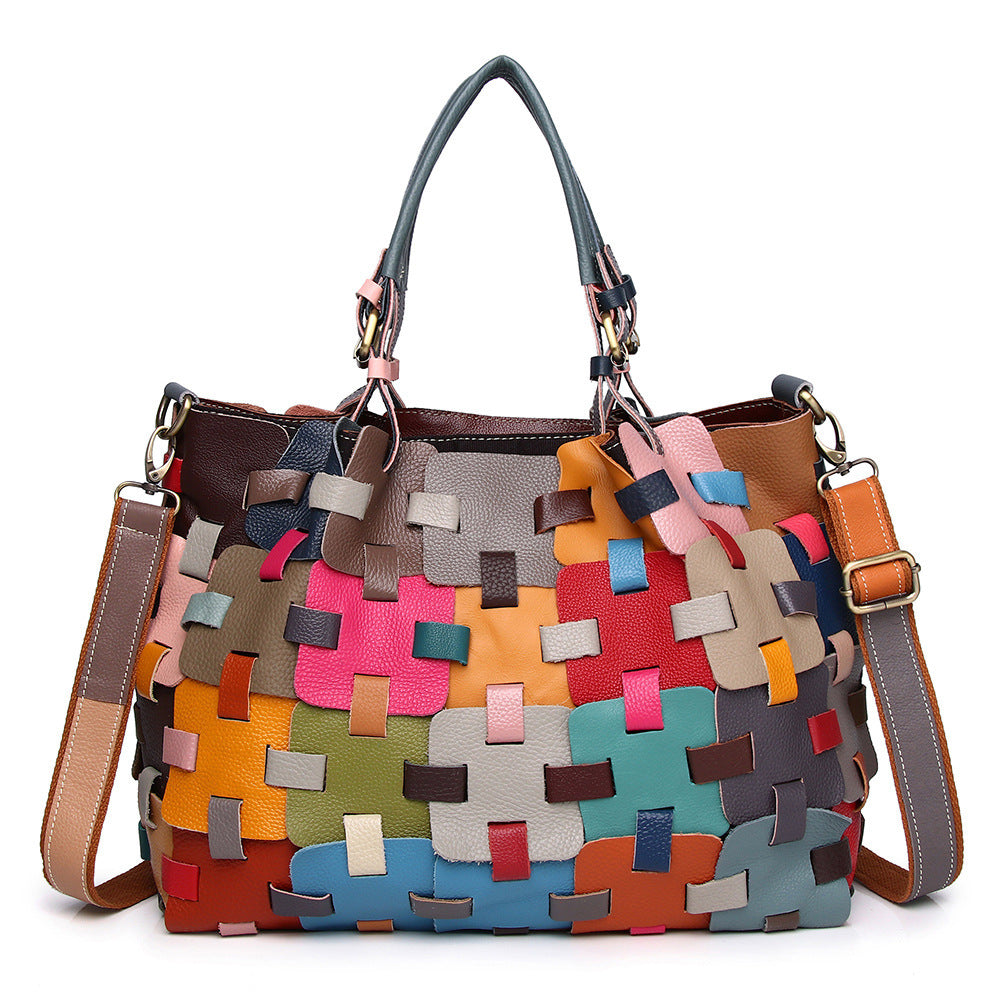 First Layer Cowhide Multi-color Blocks Handbag