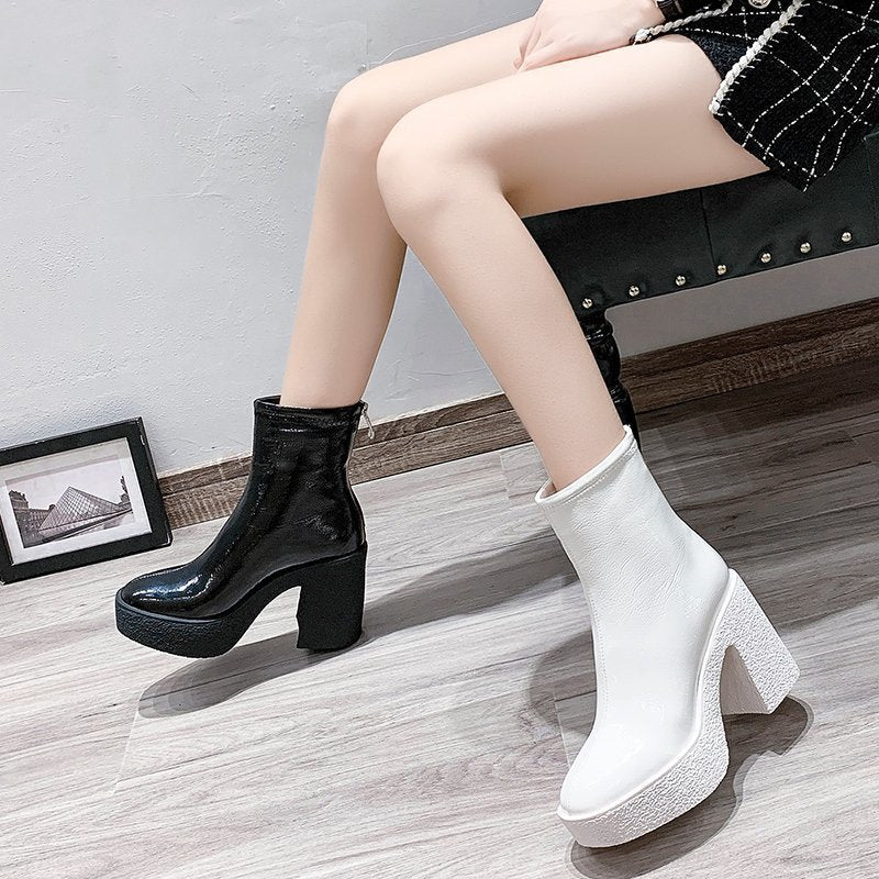 Women's Patent Leather Waterproof Platform Thick High Heel Back Zipper Short Boots