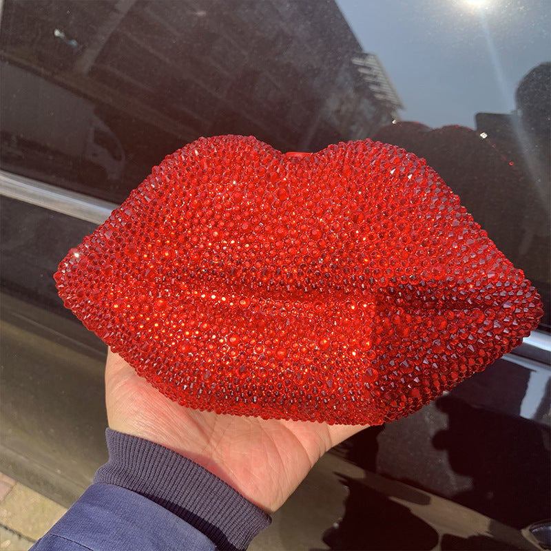 Bolso de mano para cena con cadena de labios de acrílico con diamantes incrustados y diamantes de imitación