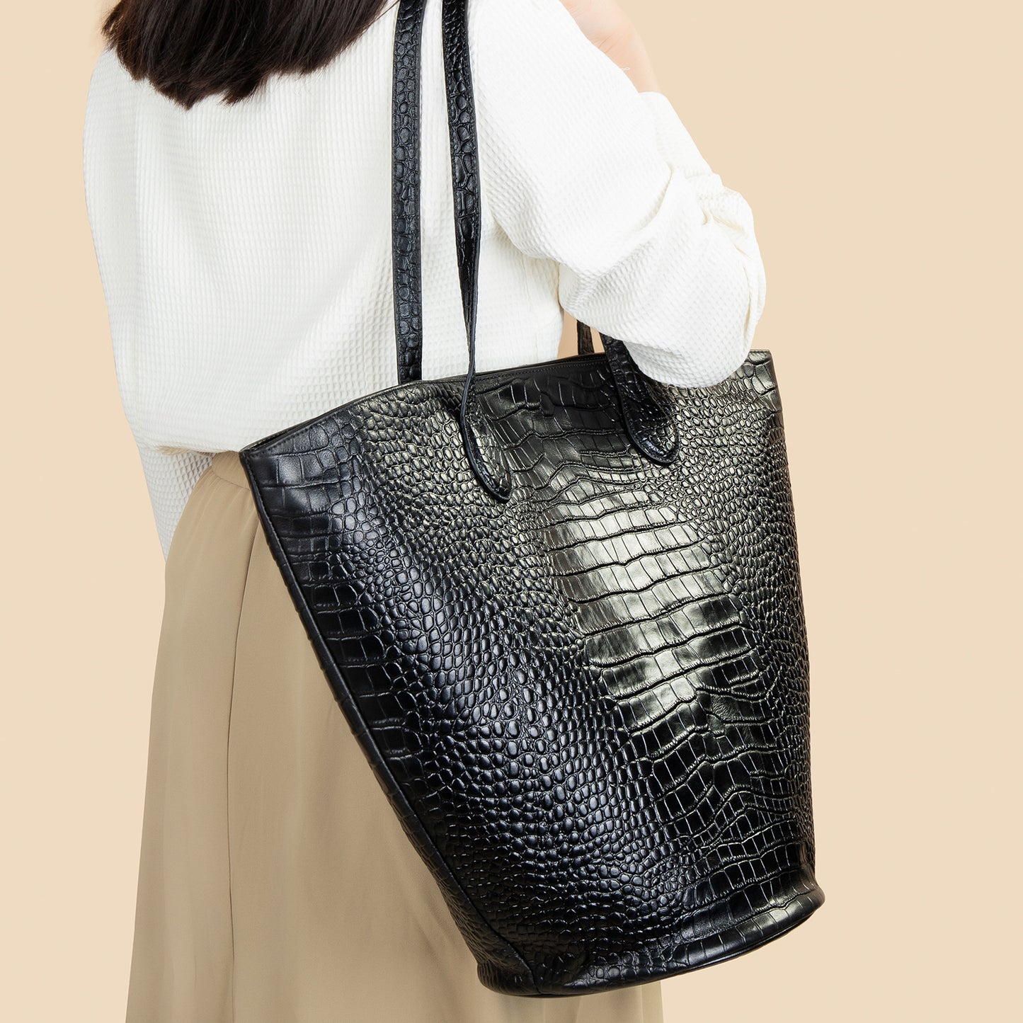 Bolso de mano para mujer con diseño de cocodrilo, de gran capacidad, cilíndrico, Advanced Sense