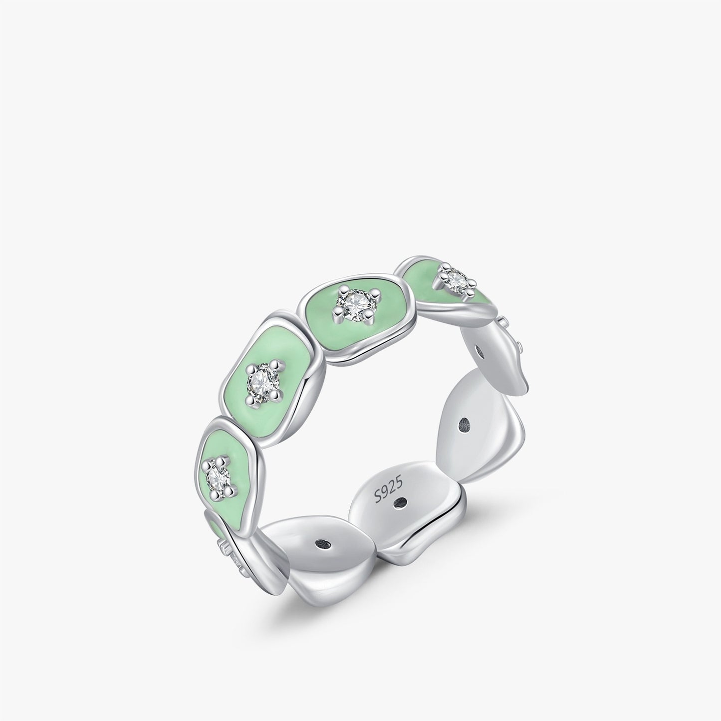 Bague en argent sterling S925 avec diamant irrégulier avancé et émail vert menthe