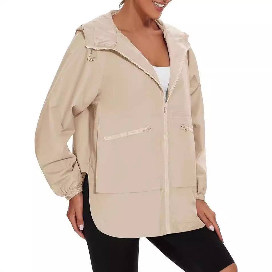 Women's Long Sleeve Zipper Hooded Jacket Trench Coat Casual Jacket