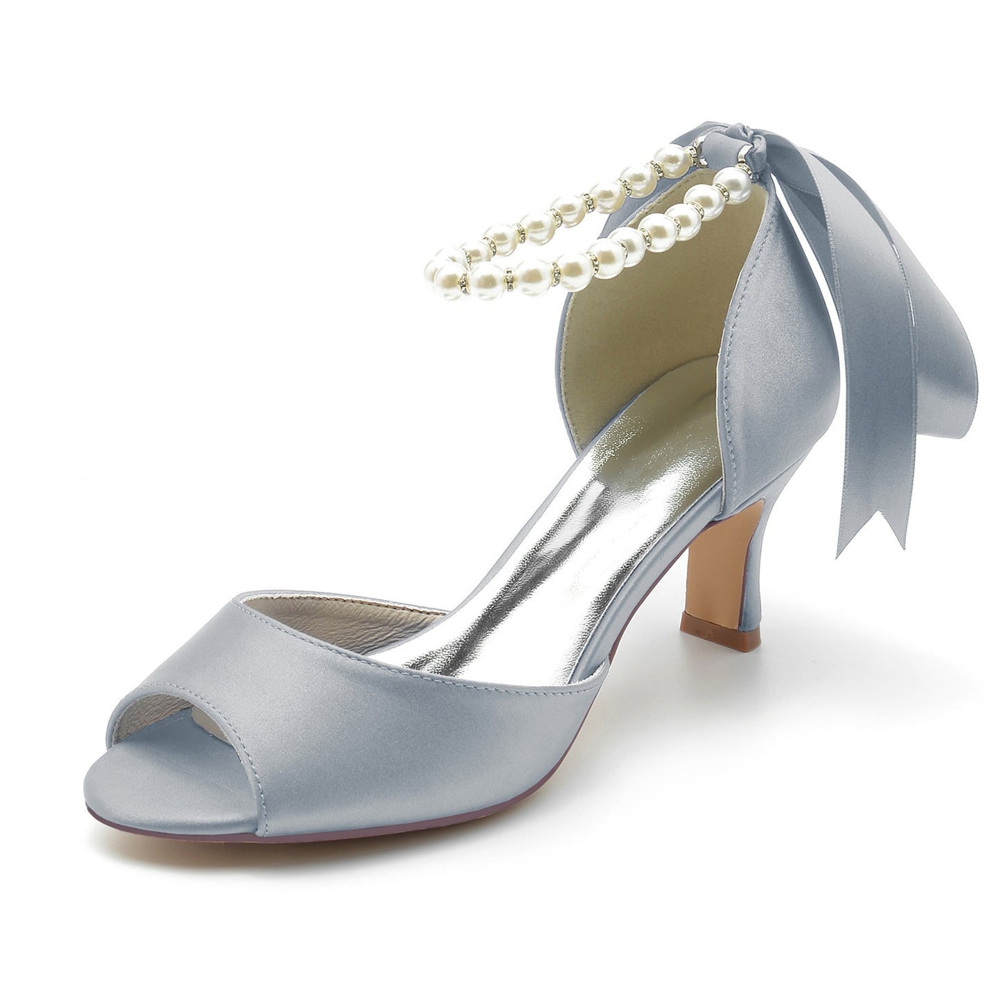 Chunky Heel Pearl Chain Ribbon High Heels Blue Hollow