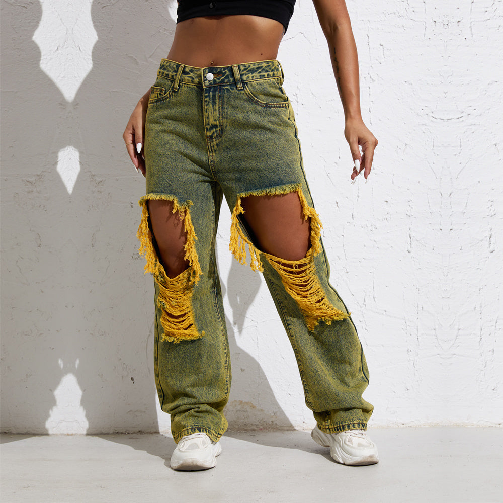 Pantalones vaqueros Shascullfites Melody con lavado amarillo, estilo urbano, holgados y rectos, rotos, estilo retro Y2K, para mujer