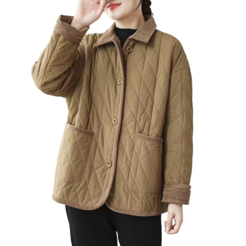 Vintage Collar Cotton-padded Clothes Stitching Rhombic Lapel Cotton-padded Loose Jacket