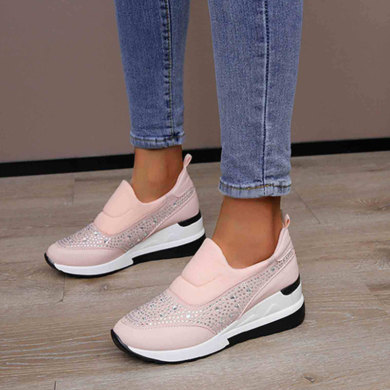 Rhinestone Wedges Flats Shoes Women Inner Height Increasing Shoes Sneakers