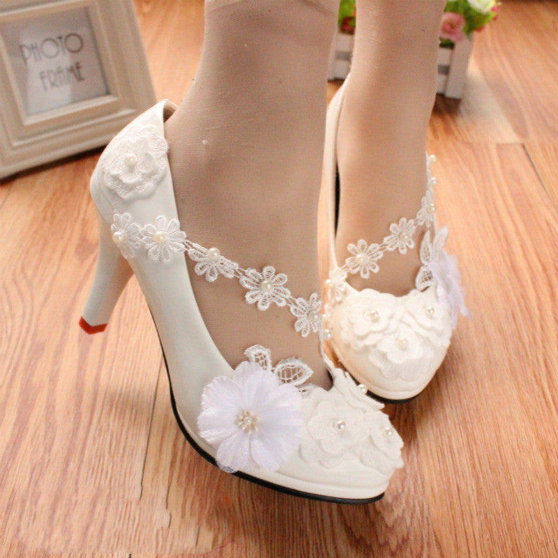 White Large Lace Low Heel Wedding Dress 3D Flower Women's Shoes