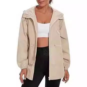 Women's Long Sleeve Zipper Hooded Jacket Trench Coat Casual Jacket