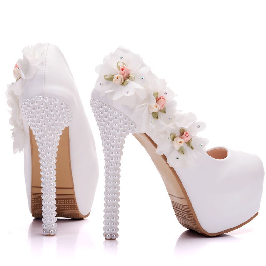 Large Size Waterproof Platform High Heel Round Toe Pearl Shoes