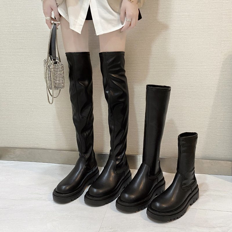 Thin Black Elastic High Boots Are Small And Slim