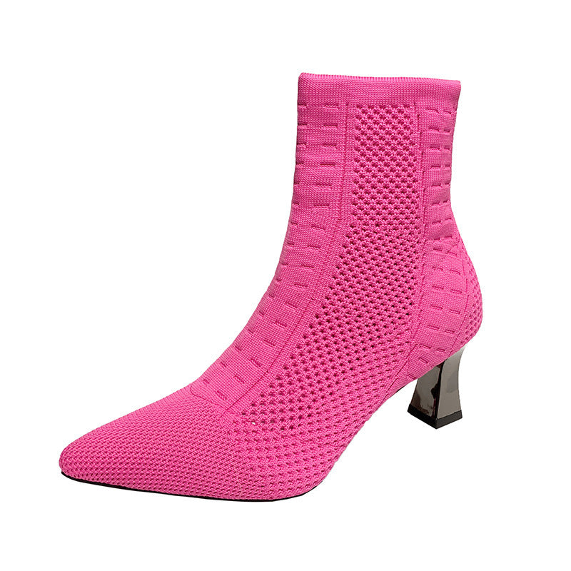 Botas de calcetín de punto para mujer, de talla grande, cortas, puntiagudas y con tacón grueso