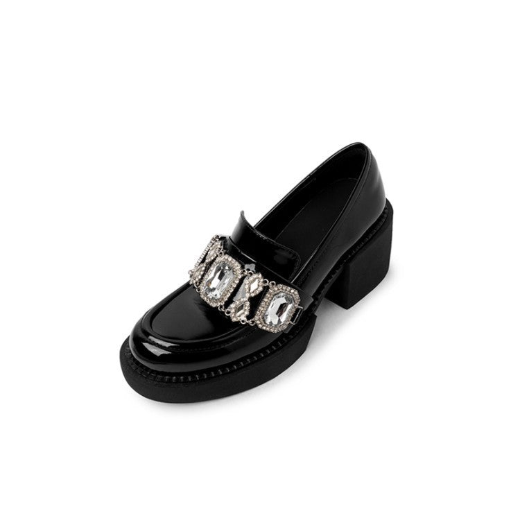 Zapato individual de tacón alto y grueso con cabeza redonda y diamantes de agua grandes para niña