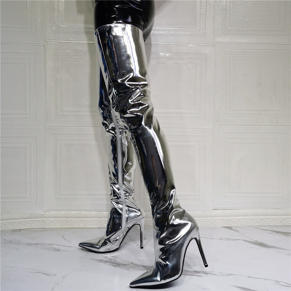 Women's Fashion Silver Patent Leather Knee High Boots