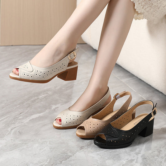 Summer New Style Buckle Chunky Heel Authentic Leather Hollow Out Women