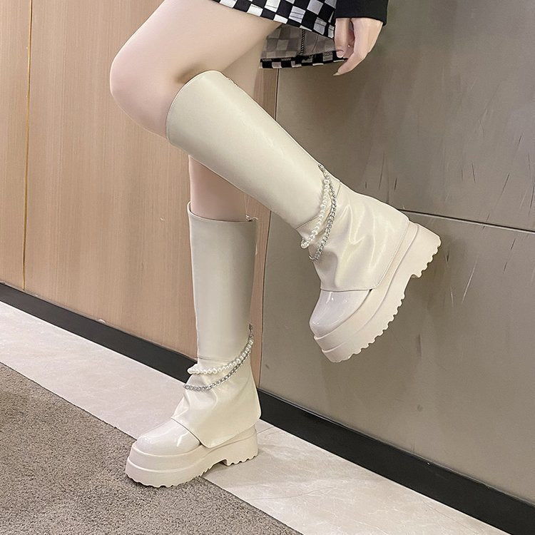 High 10cm Inner Heightening Pant Leg Boots Pearl Chain But Knee Knight Boots