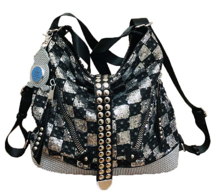 Women Denim Sequin Bucket Bag Backpack Fashion