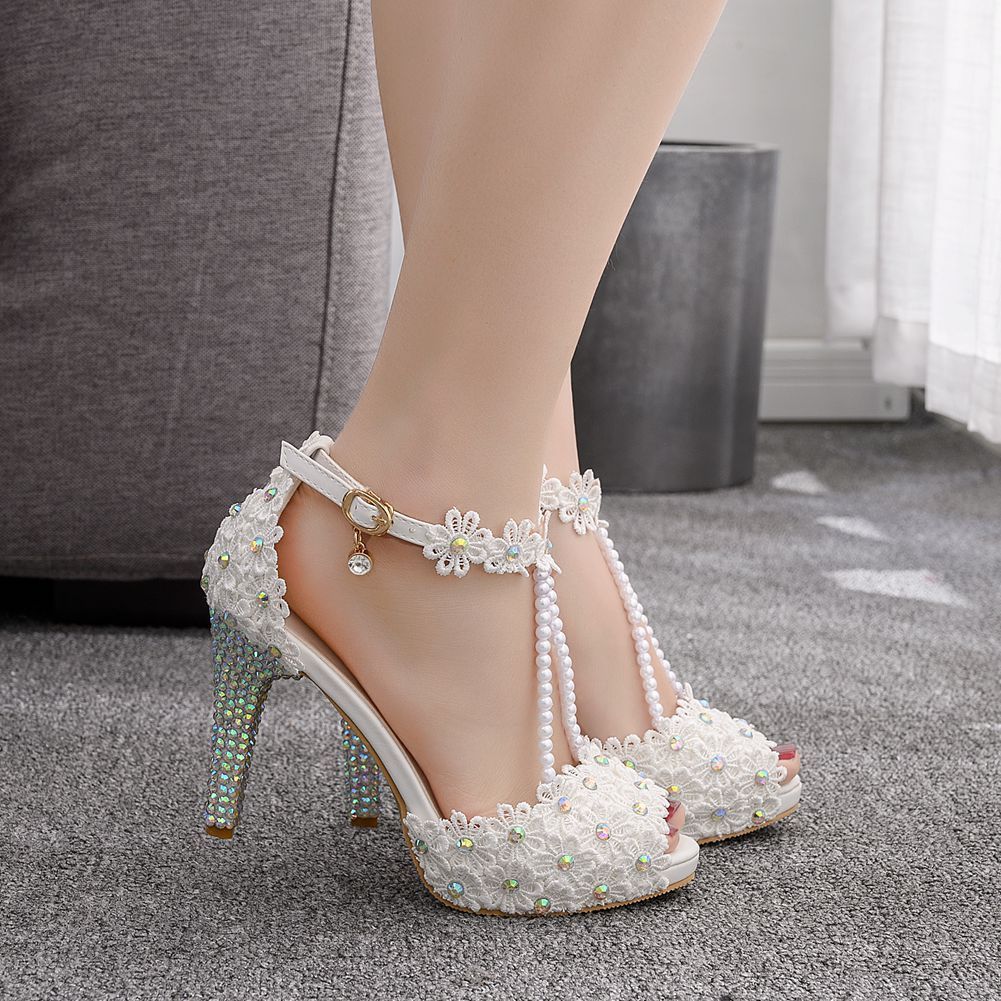 Peep Toe Beaded Rhinestone Platform High Heel Sandals