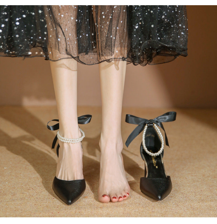 High Heels Women's Chunky Heel Hollowed Pointed-toe Ankle-strap Shoes