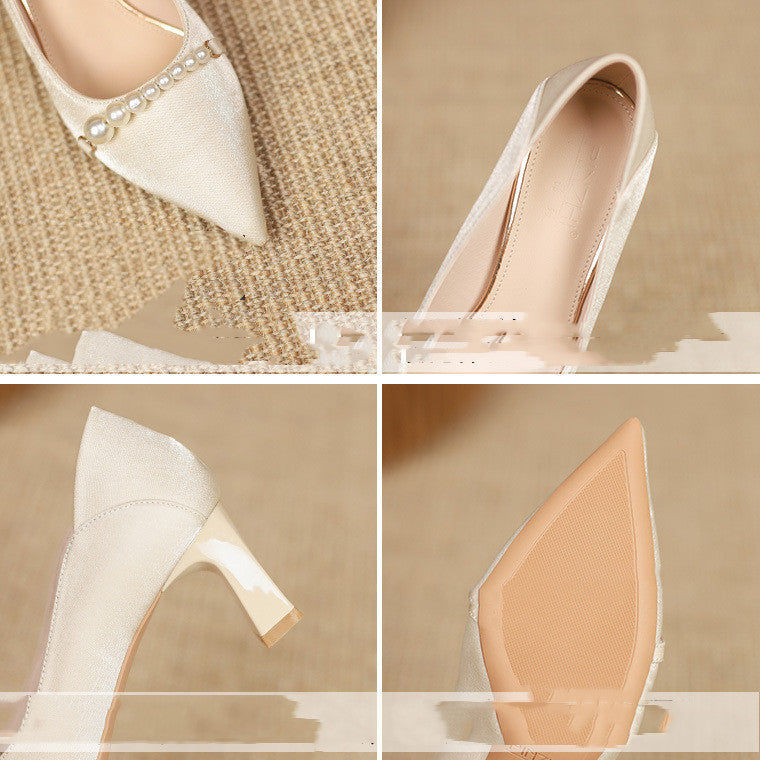 Women's Fashion Casual Pearl Pointed High Heels