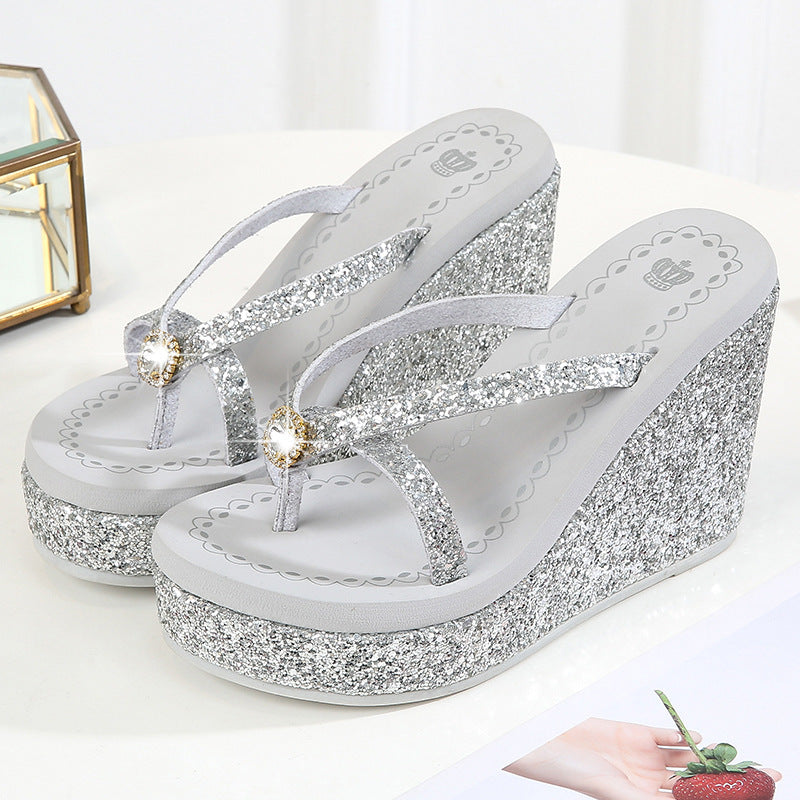 Chanclas de plataforma con tacón ultra alto y diamantes de imitación para mujer