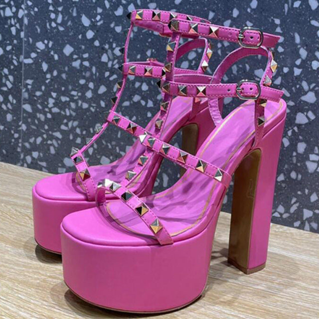 Rivets Round Toe Strap Waterproof Platform Thick Heel Super High Sandals