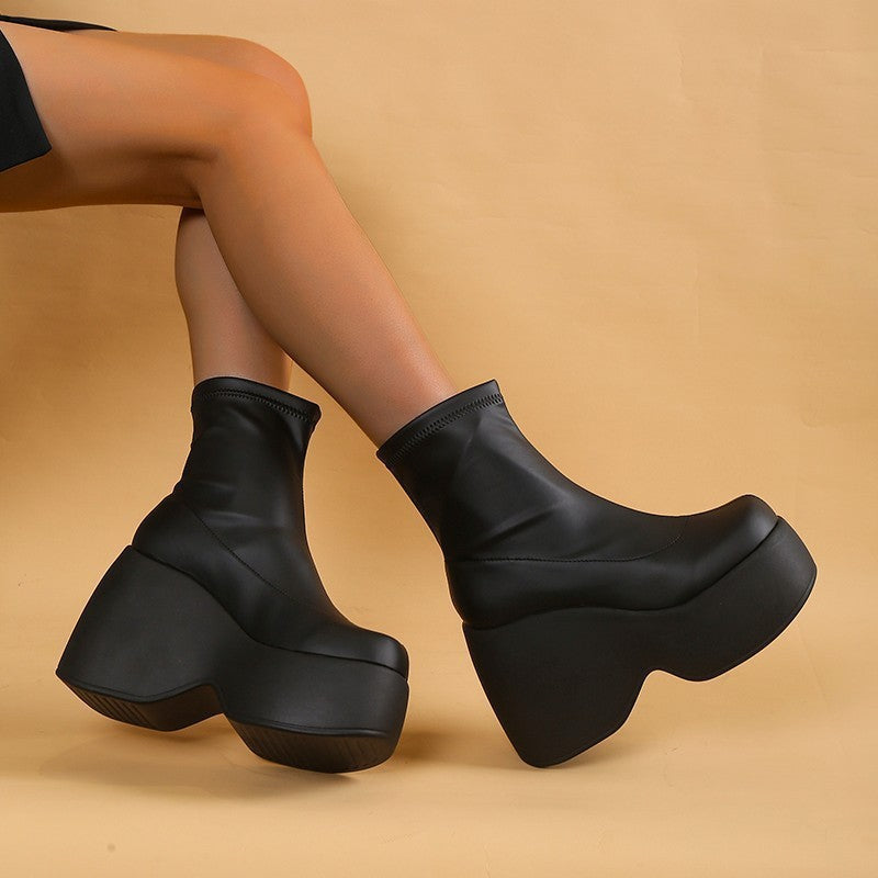 Leather Elastic Wedge Platform Bootie