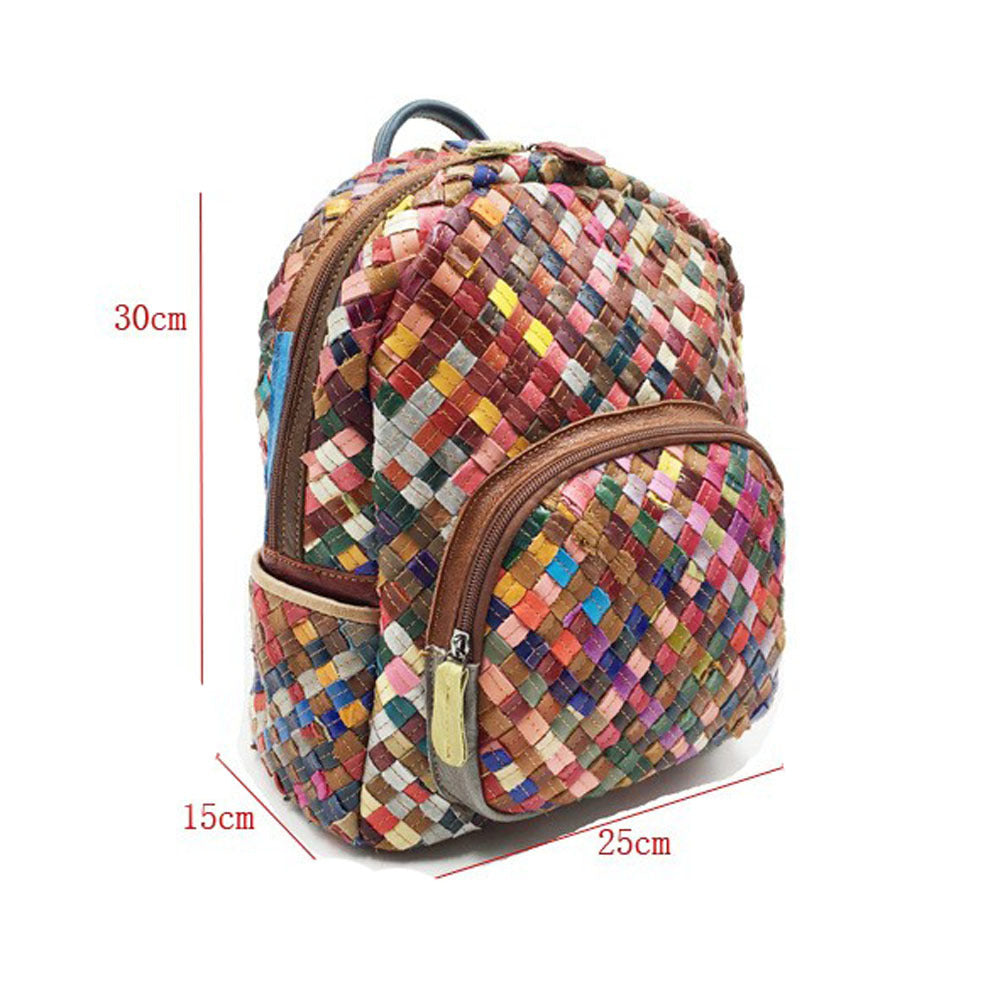 Women's Stitching Color Cowhide Hand-woven Backpack