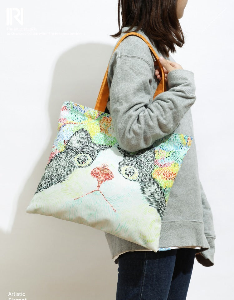 Bolso de hombro con ilustración de gato, bolso de lona de gran capacidad