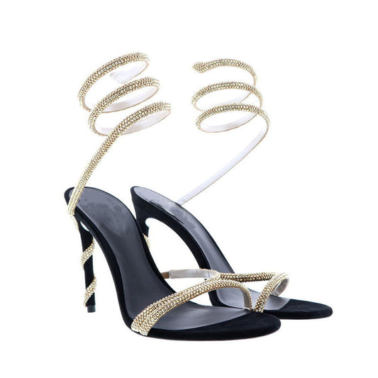 New Square Head Rhinestone Flat Belt High Heel Sandals