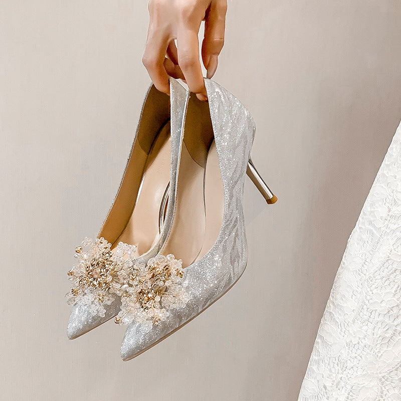 Zapatos de moda con lentejuelas para banquetes, puntiagudos, para bodas Xiuhe