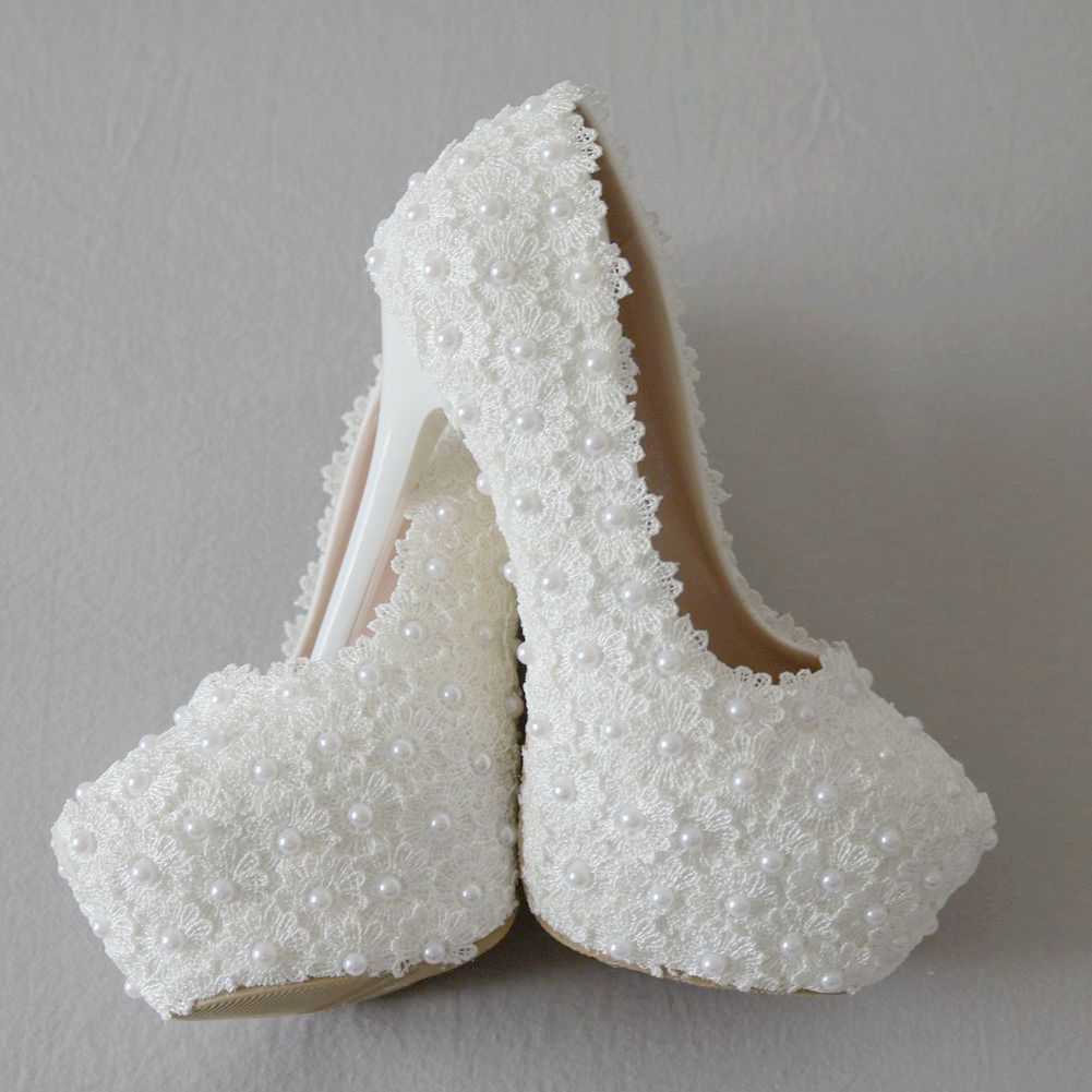 Large Size Waterproof Platform High Heel Round Toe Pearl Shoes