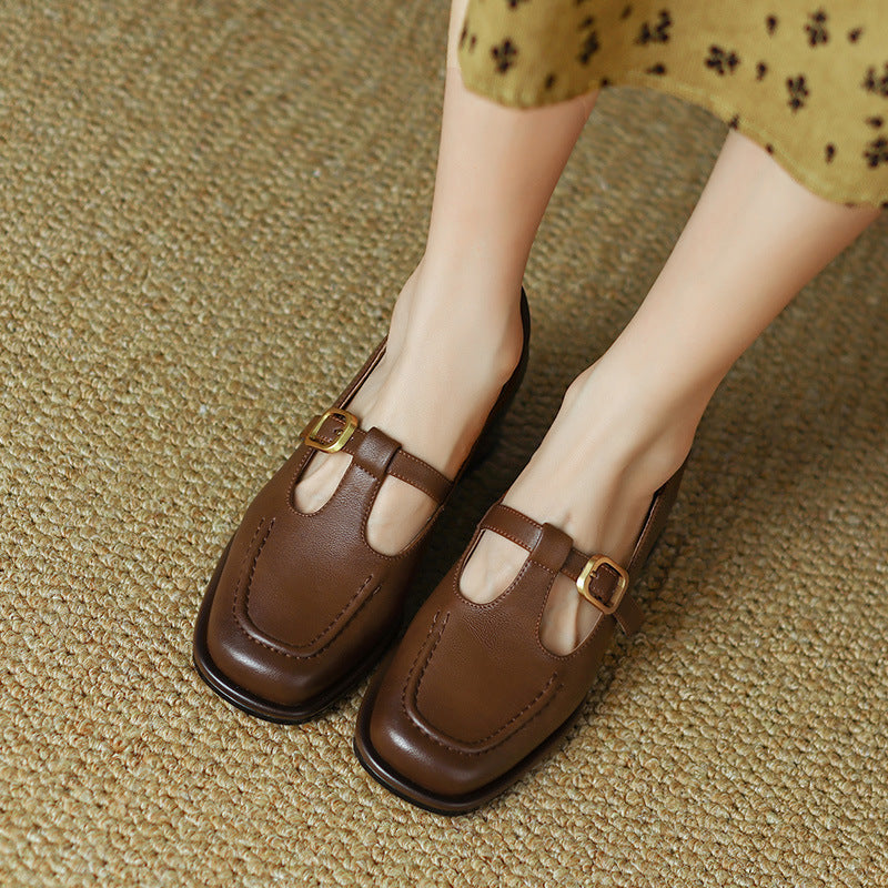 Mid Heel Chunky Heel French Retro Brown Shallow Mouth Pumps