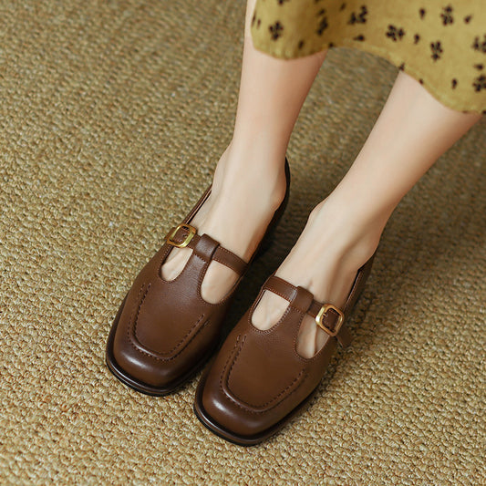 Mid Heel Chunky Heel French Retro Brown Shallow Mouth Pumps