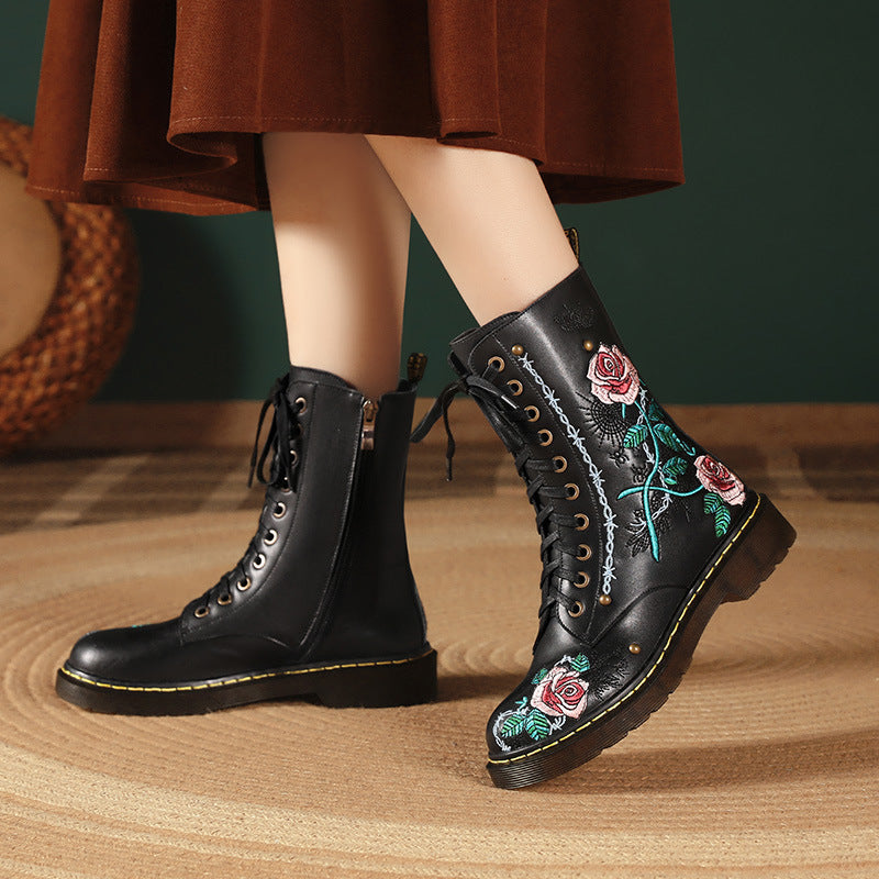 Women's Round Toe Mid Heel Martin Side Zipper Muffin Bottom Booties Embroidery Ethnic Style Women's Shoes