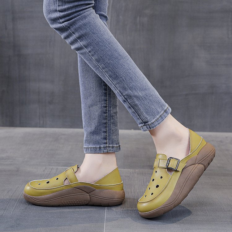 Retro Color Matching Hollow Out Sandals Women's Shoes Two-way Hole Shoes Casual Pumps Platform