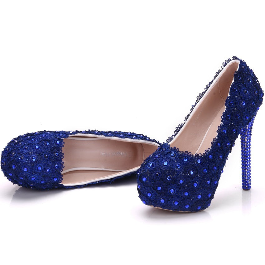 Zapatos de boda de encaje Zapatos de encaje azul con diamantes de imitación