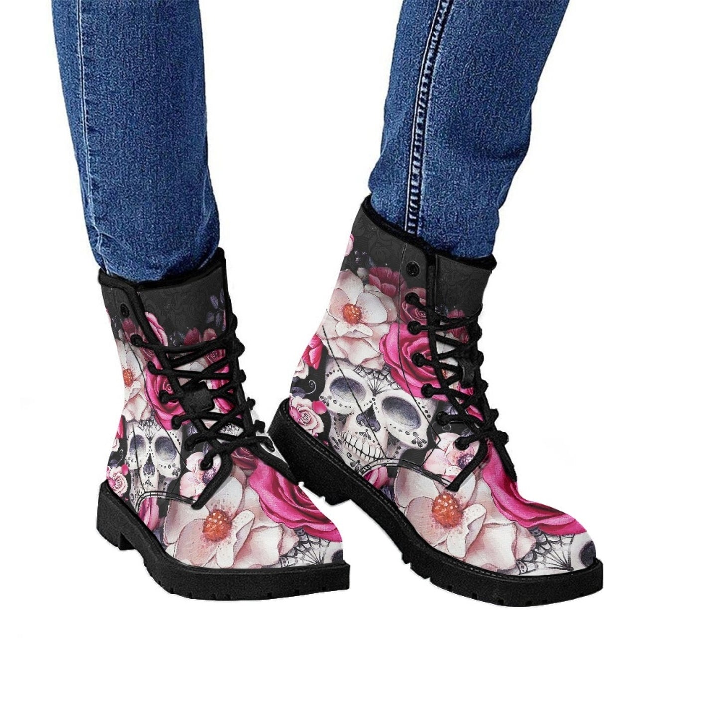 Printed Women's Leather Flat Bottom Low Heel British Martin Boots