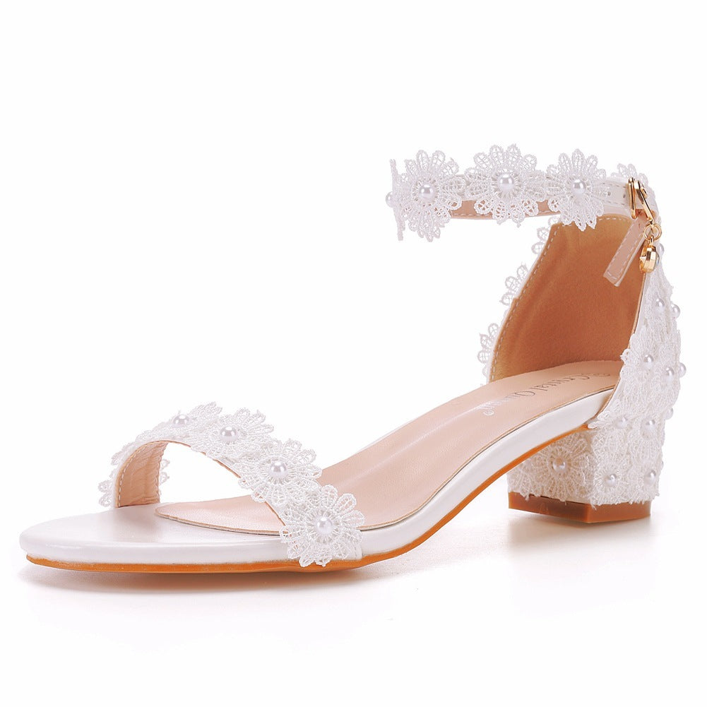 4cm Chunky Heel Low-cut Word With Beaded Square Heel Sandals