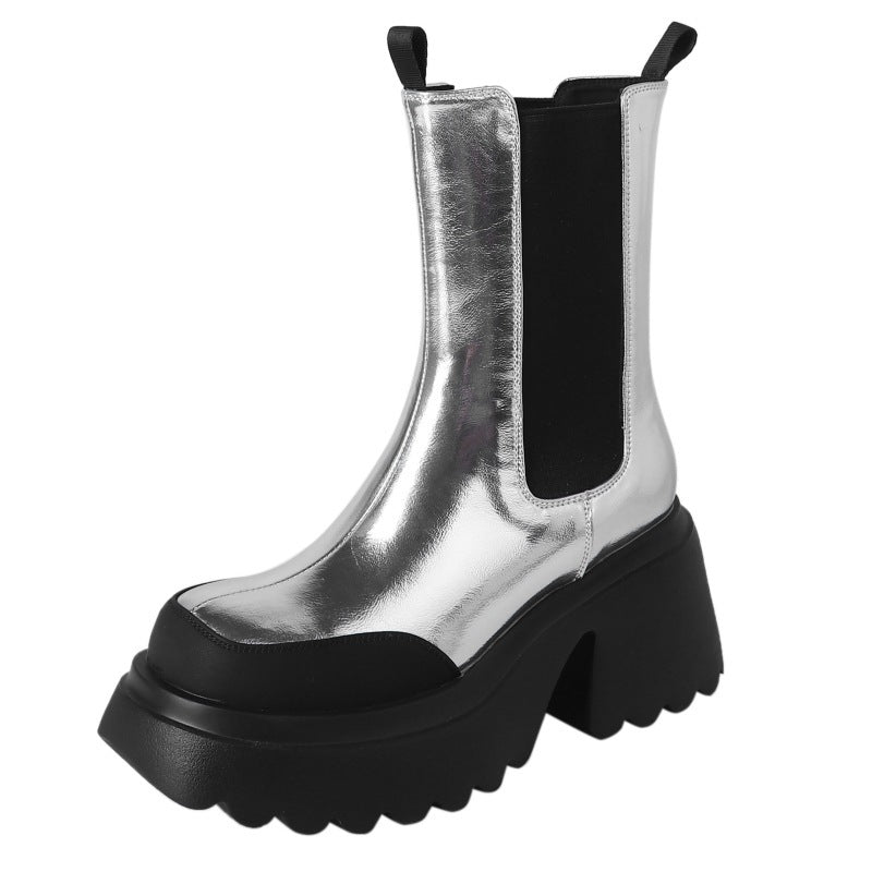 Botas Martin de plataforma plateadas de piel de vaca para otoño e invierno, tacones altos, plataforma impermeable con forro polar, tacón grueso, elásticas para mujer