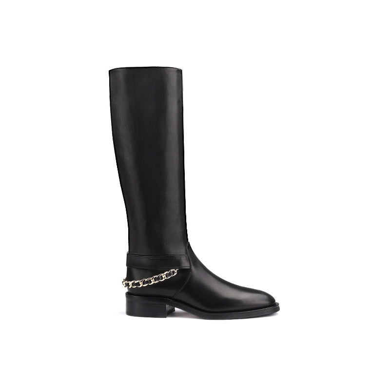 Thick Heel Wide Side Zipper Round Head Knight Boots