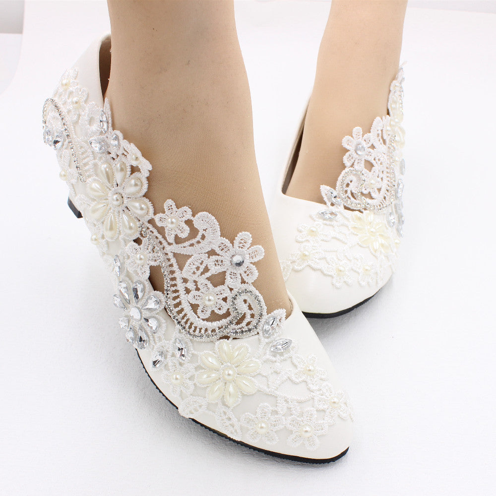 White High-heeled Wedding Shoes Lace Rhinestone Bridal