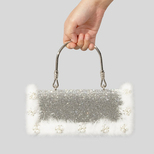 Ostrich Fur Pearl Rhinestone Bag Women's New