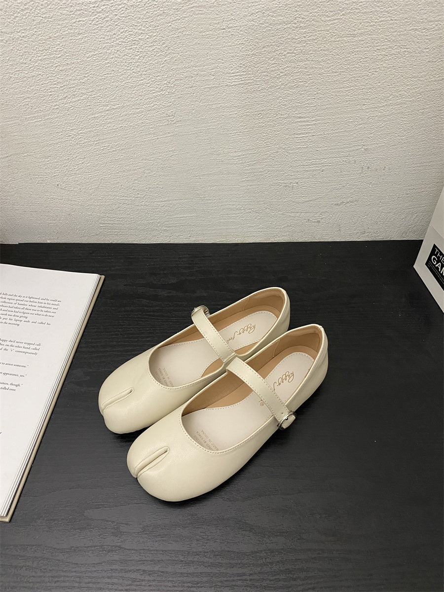 French Flat White Split Toe Mary Jane Single Shoe For Women