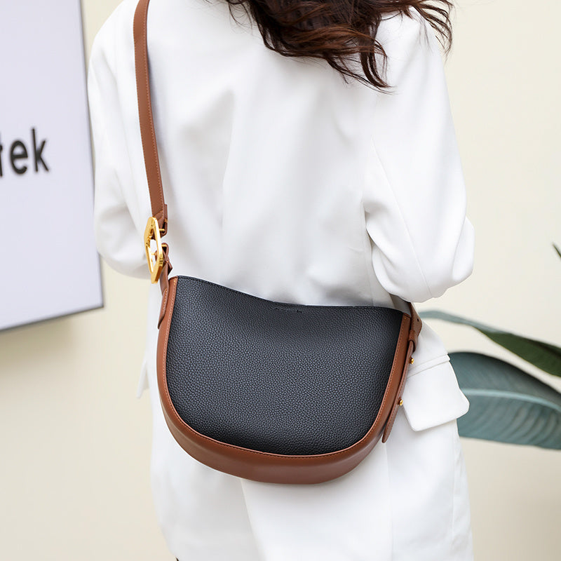 Leather Contrast Broadband Crescent Bucket Bag