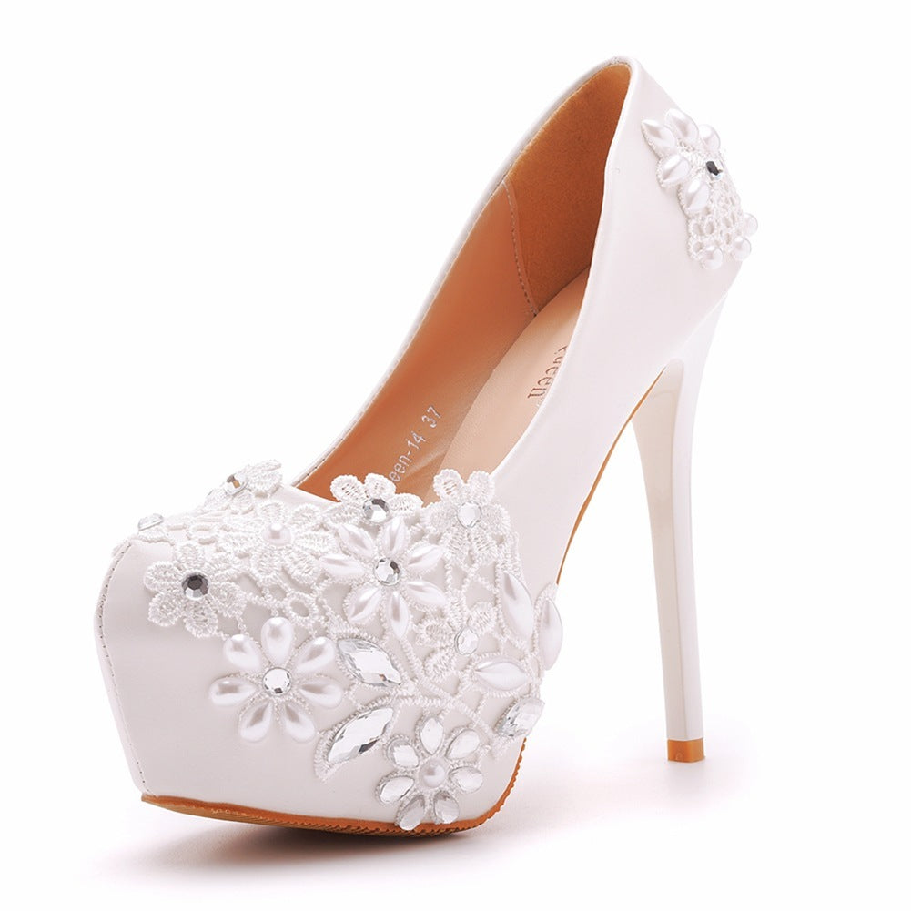 Lace High-heeled Shoes Rhinestone Pearl Stiletto Heel Pumps