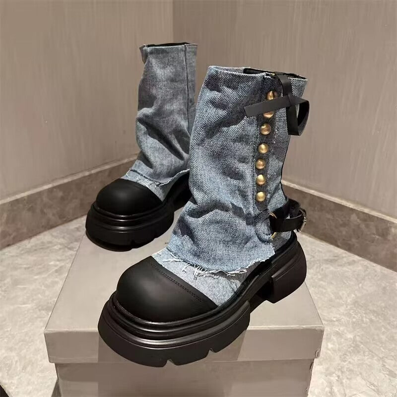 Women's Shoes Denim Metal Buckle Ankle Boots Round Head Thick Bottom Casual