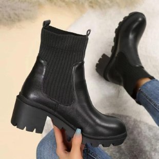 Square Toed Socks Boots Women's High Thick Heel