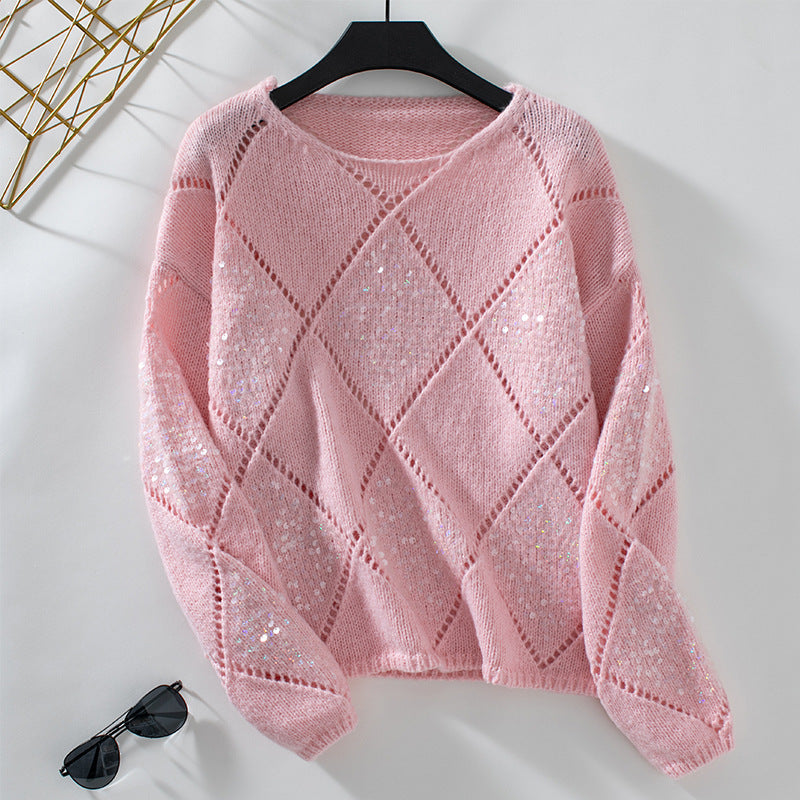 Fashion Hollowed-out Sequined Knitted Rhombus Pullover Loose Sweater For Women